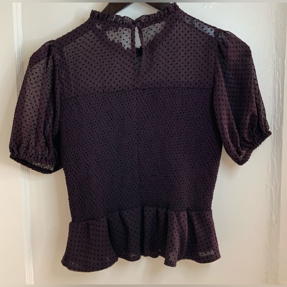 Express Polka Dot Smocked Peplum Top in Dark Purple - Picture 6 of 11